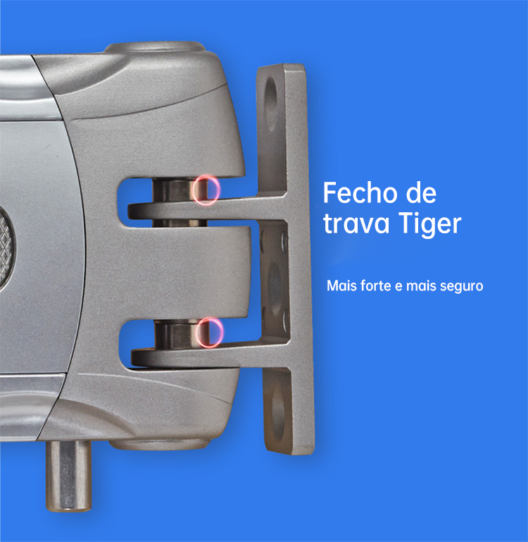 Trinco tipo tiger‑peak para maior segurança