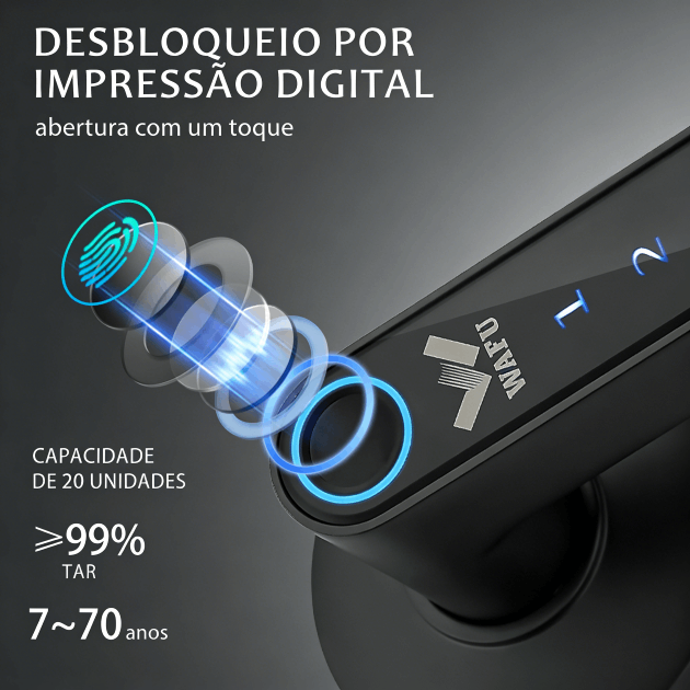 Desbloqueio por impressão digital com abertura instantânea e especificações de capacidade