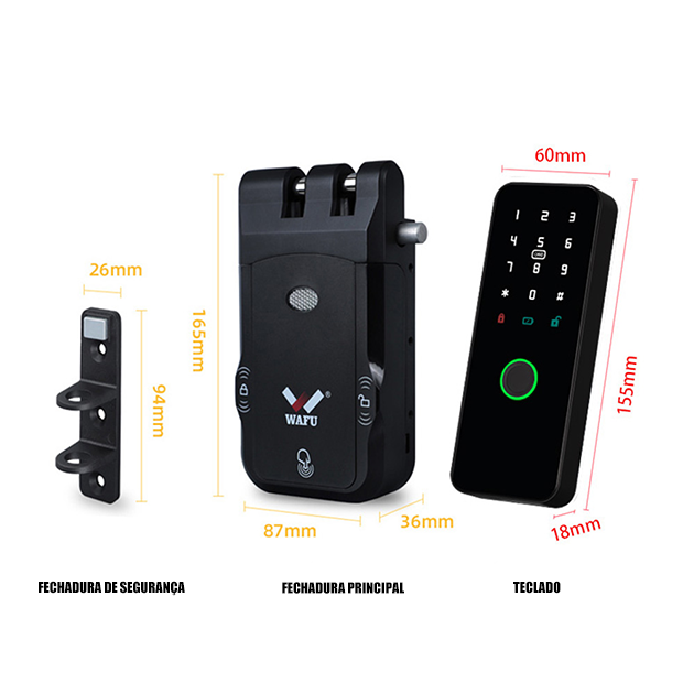 WF-026 dimensões do corpo da fechadura e acessórios