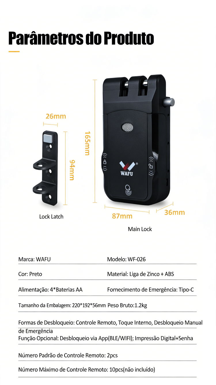WF-026 visão geral dos parâmetros e dimensões