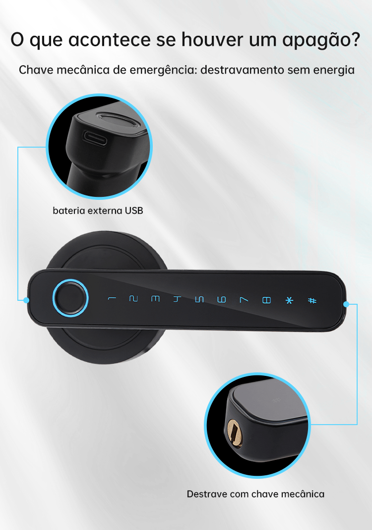 WF-F4 chave mecânica e porta Type‑C para energia de emergência