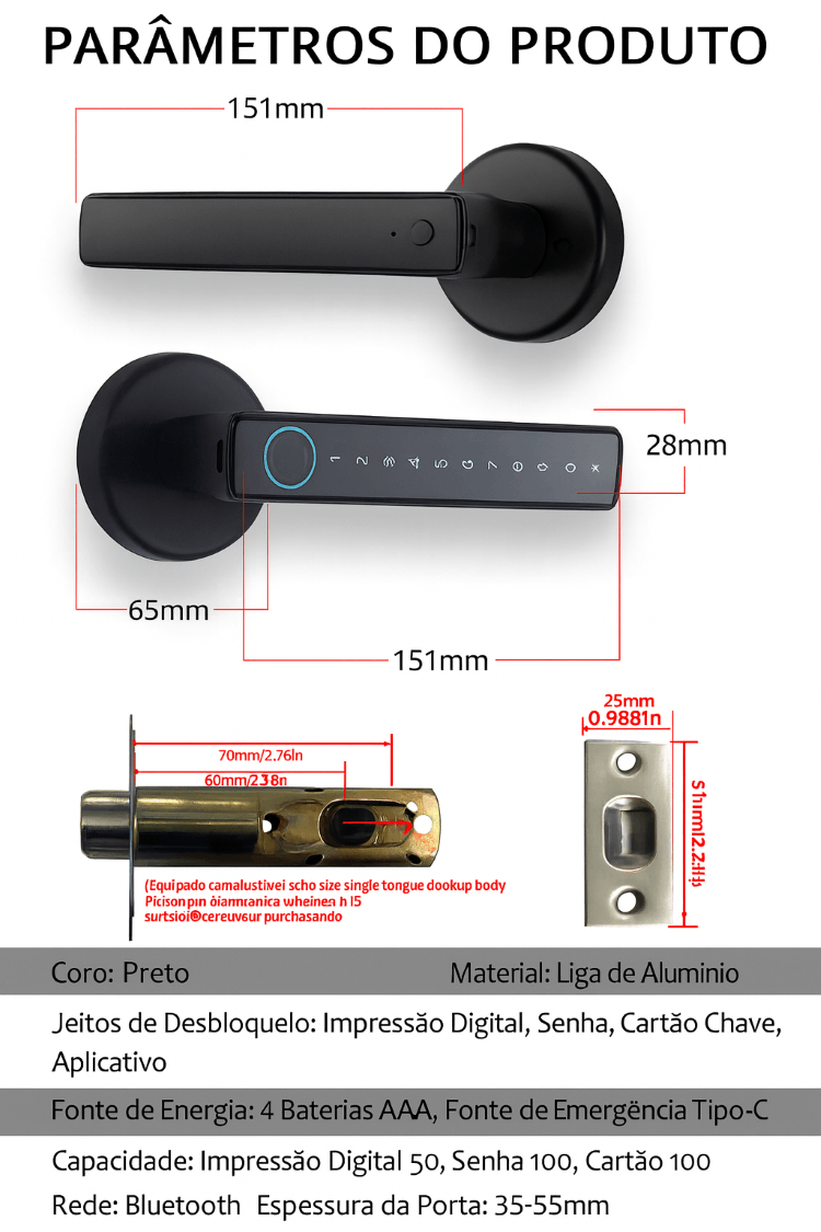 WF-F6 parâmetros do produto e dimensões do corpo da fechadura