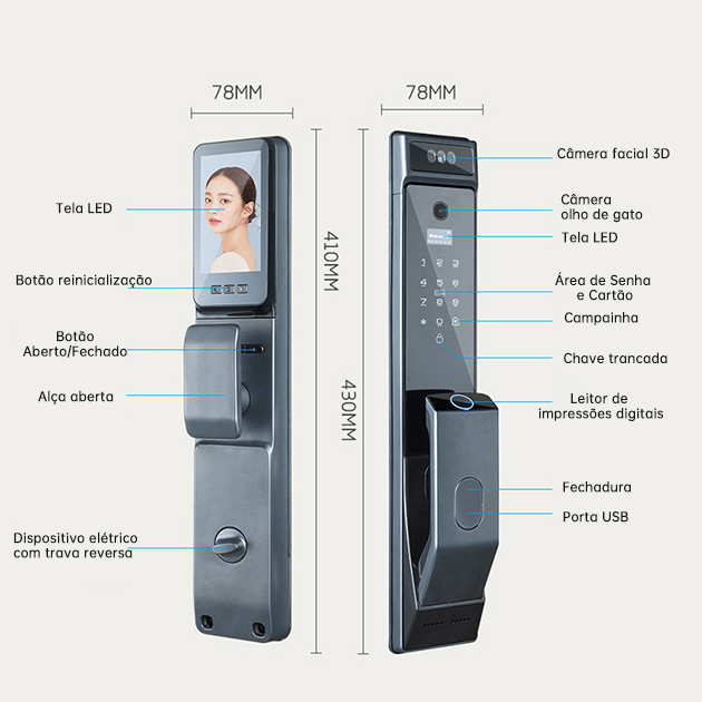 WF-MY4 dimensões do ecrã LCD da fechadura com reconhecimento facial 3D