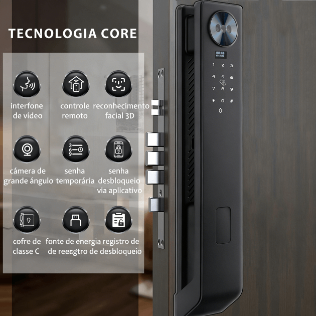 WF-MY6 tecnologias principais: rosto 3D, intercomunicador visual, palavra‑passe temporária, cilindro C‑grade
