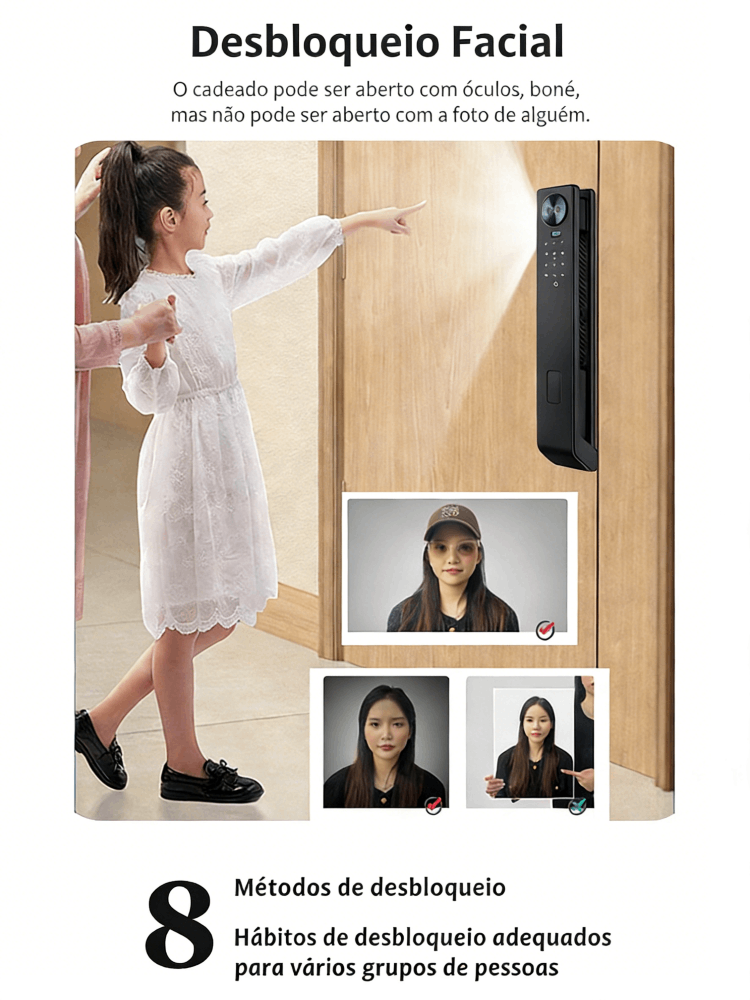 WF-MY6 desbloqueio facial anti‑foto, compatível com óculos e chapéu