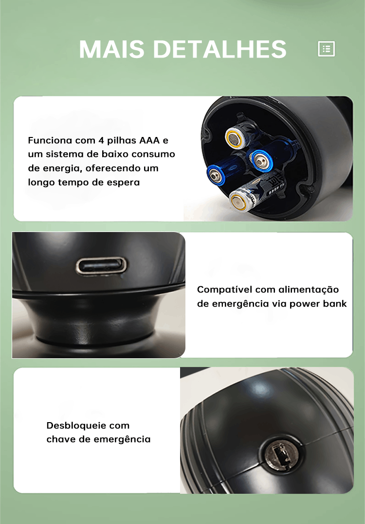 WF-Q7 4 pilhas AAA com autonomia de 6 meses e porta Type‑C de emergência