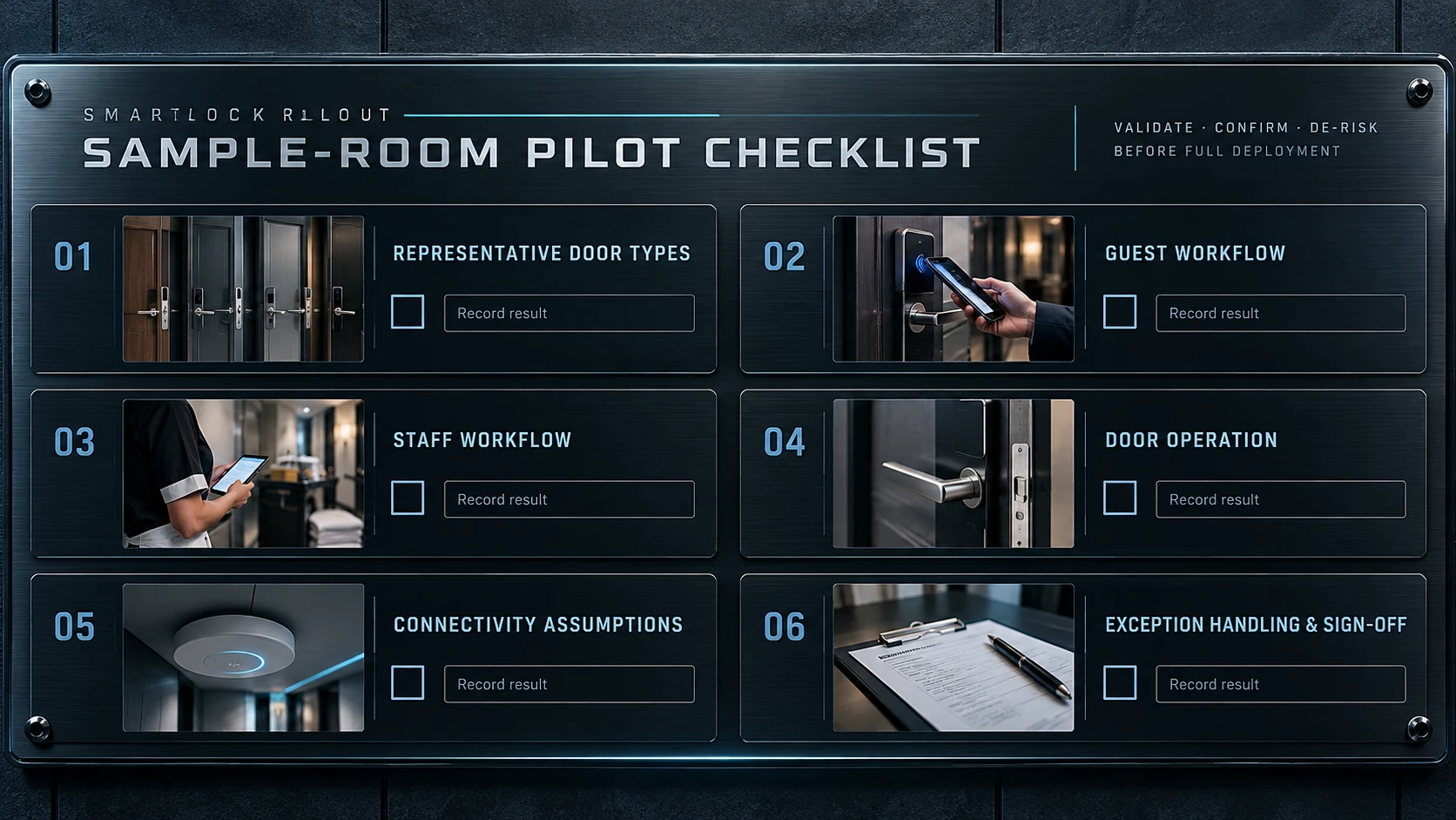 Checklist de piloto de sala de amostra com portas, fluxos de hóspedes e equipa, exceções e aprovação