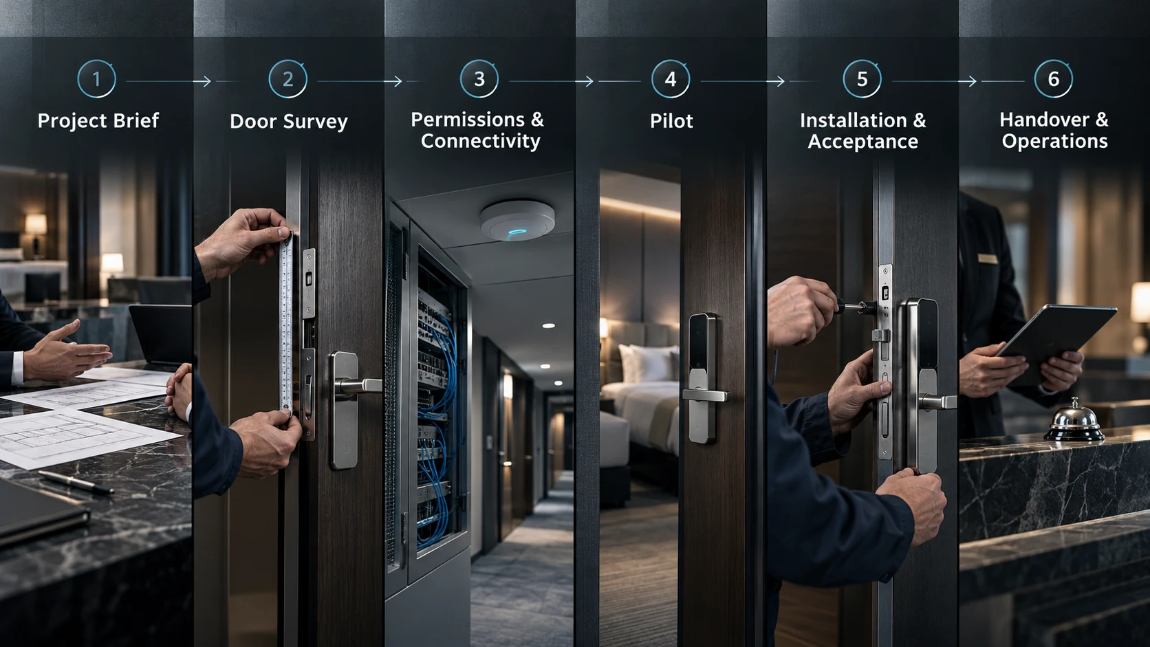 Fluxo de projeto de Smart Lock hoteleira, do planeamento e levantamento ao piloto, instalação, entrega e operação